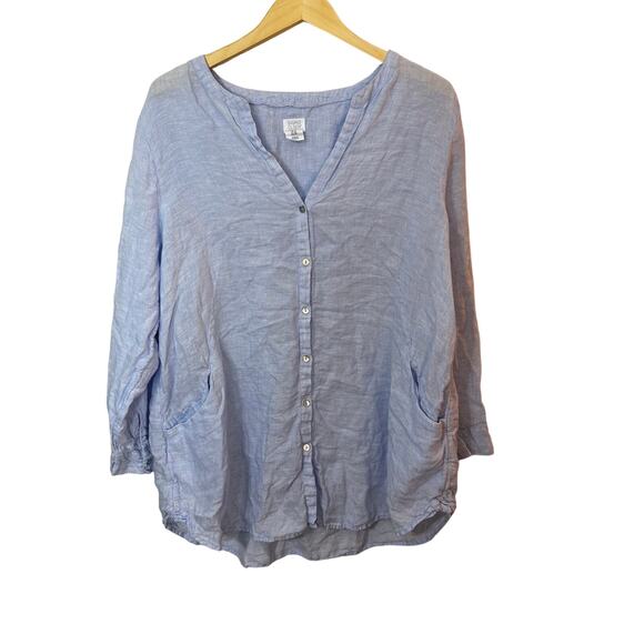 Sigrid Olsen 100% Linen Button Up Tunic Top Size 1X Blue Lagenlook Roll Tab - Picture 1 of 5
